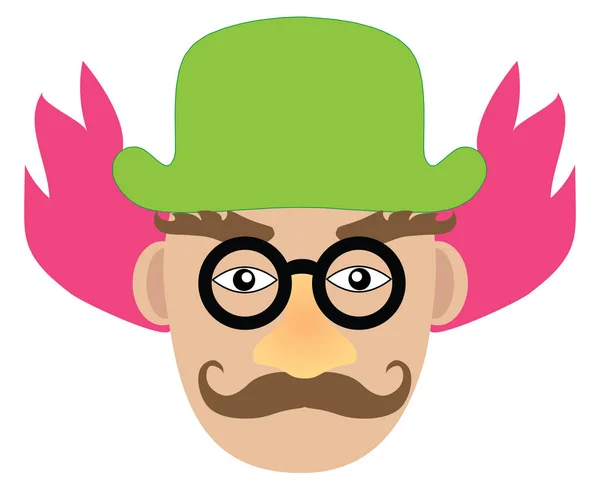 Unalmas bohóc, rózsaszín hajú és zöld kalapban. Vektor — Stock Vector