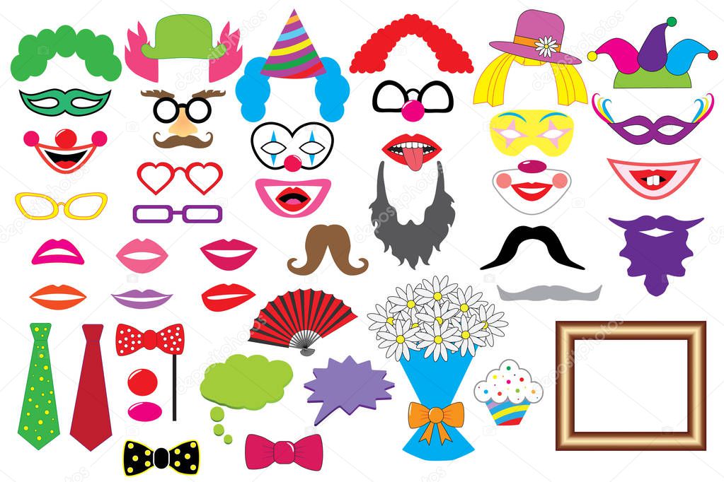 Party set. Clowns. Glasses, hats, lips, wigs, mustaches, tie and etc., icons