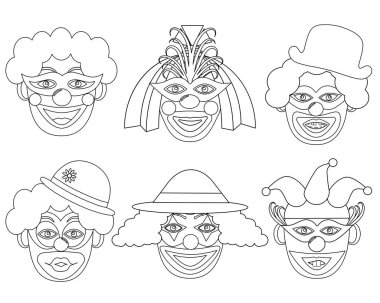 Palyaçolar kafaları beyaz ve siyah renklerde ayarlayın. Vektör 