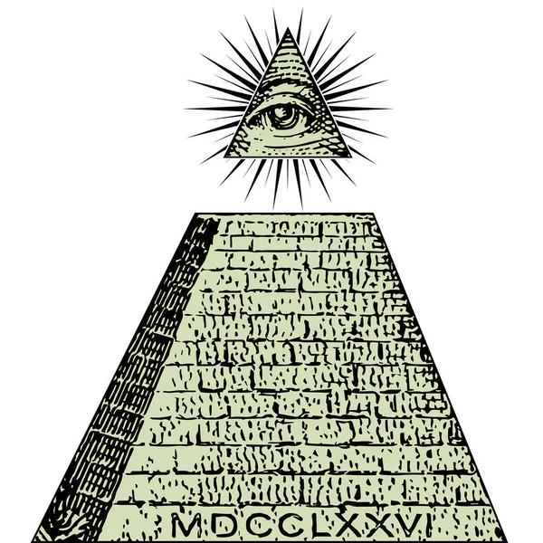 Nya världsordningen. En dollar, pyramid. Illuminati symboler bill, frimurarnas tecken, alla seeing eye vektor — Stock vektor