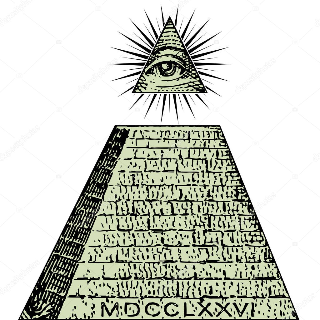 New world order. One dollar, pyramid. Illuminati symbols bill, masonic sign, all seeing eye vector