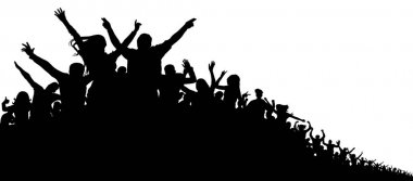Kalabalık insan, vektör siluet arka plan. Konser, parti, spor, taraftar, neşeli, alkış