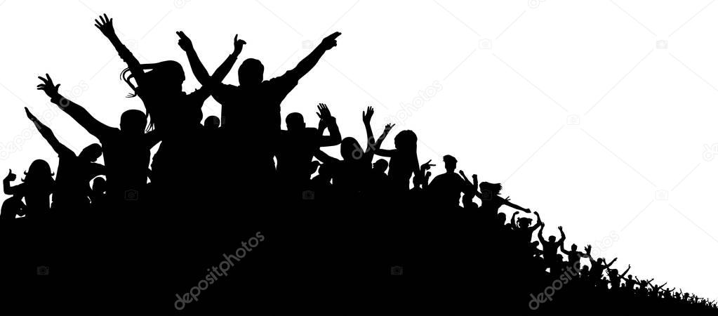 Crowd of people, vector silhouette background. Concert, party, sport, fans, cheerful, applause