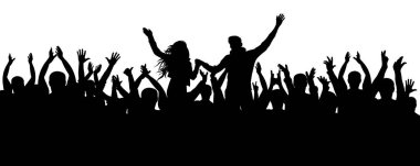 Konser, parti. Alkış kalabalık siluet, neşeli insanlar. Komik tezahürat, izole vektör