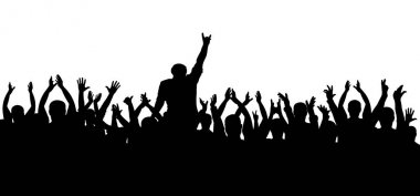 Konser, parti. Alkış kalabalık siluet, neşeli insanlar. Komik tezahürat. İzole vektör