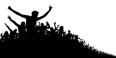 Kalabalık insan, vektör siluet arka plan. Konser, parti, spor, spor hayranları, neşeli alkış
