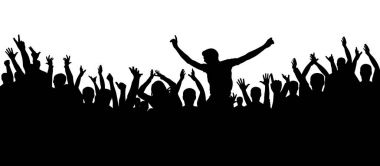 Parti insanları, alkışlıyoruz. Neşeli kalabalık siluet arka plan. Hayranları dans konser, disko.
