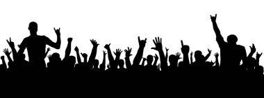 Rock konseri siluet. Bir partide kişilik bir kalabalık. Neşeli kalabalık siluet. Parti insanları, alkışlıyorum.