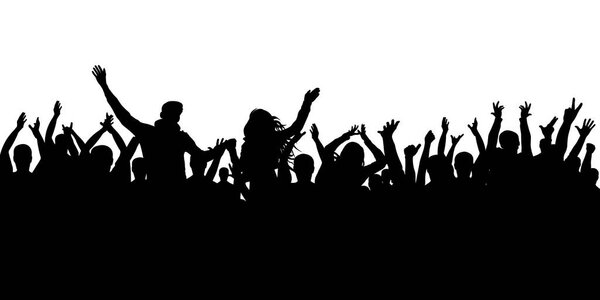 Cheerful crowd silhouette background. Party people, applaud. Fans dance concert, disco.