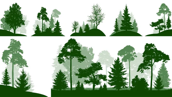 Ensemble forestier, arbres dans le parc, silhouette vecteur isolé — Image vectorielle