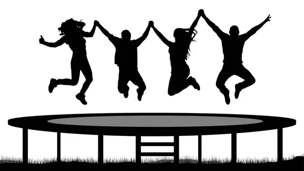 Jumping people on a trampoline silhouette, jump cheerful friends. — Stock Vector