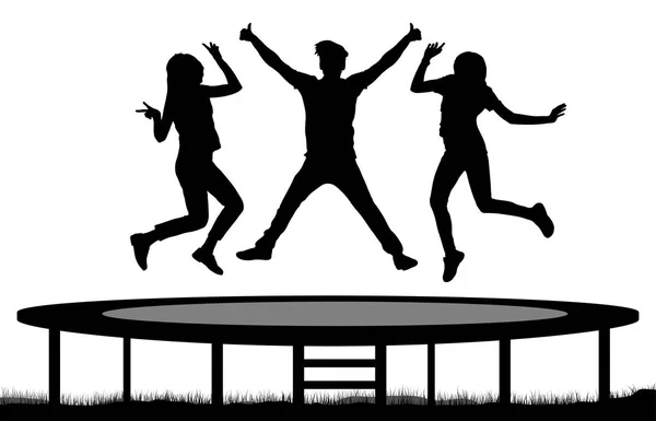 Menschen springen auf einer Trampolin-Silhouette, Freunde springen. — Stockvektor