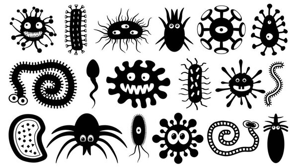 Microorganisms under the microscope, set vector illustration, silhouette. Microbe, parasite, bacteria, worm, virus, sperm