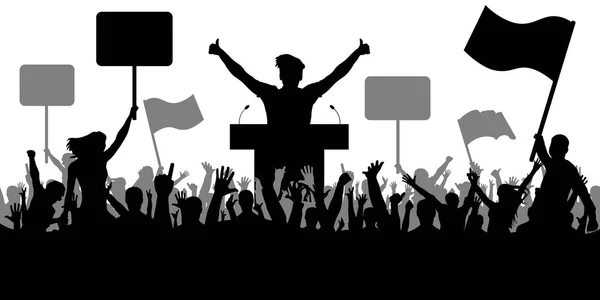 Oratory art, politics. Crowd of people demonstrating silhouette. Demonstration isolated on white background, vector — Stock Vector