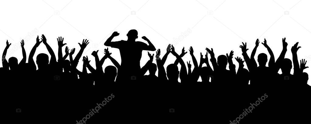Crowd of jubilant people silhouette. Sports fans. People applaud. Concert, party, disco