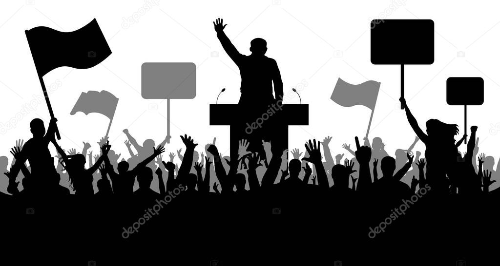 Crowd of people demonstrating silhouette. Oratory art, politics, revolution, takeover. Demonstration isolated on white background, vector. People with banner, transparency, and flags