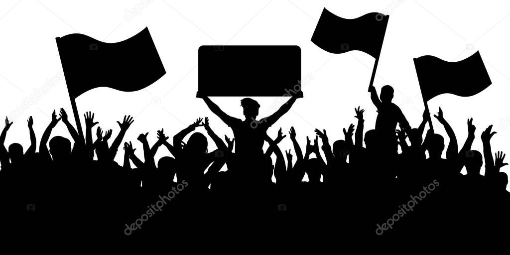 Crowd of people with flags silhouette background. Sports fans.