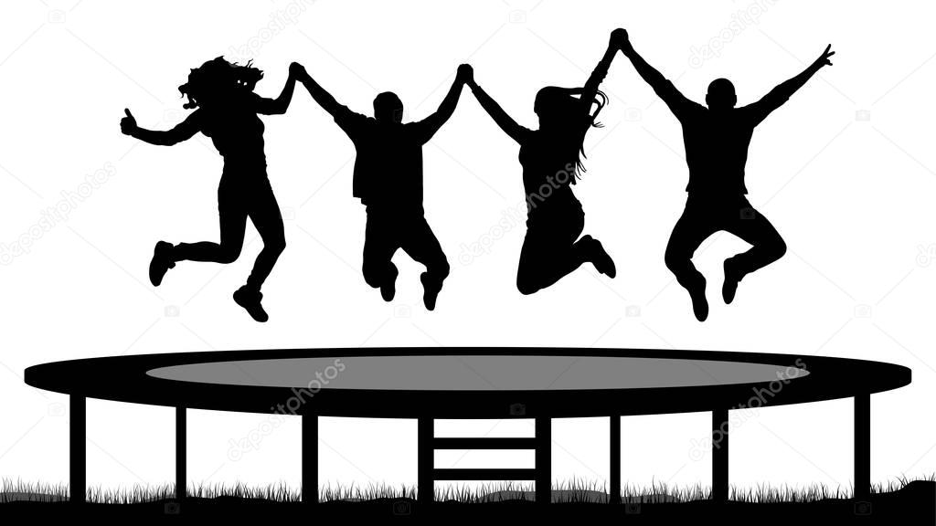 Jumping people on a trampoline silhouette, jump cheerful friends.