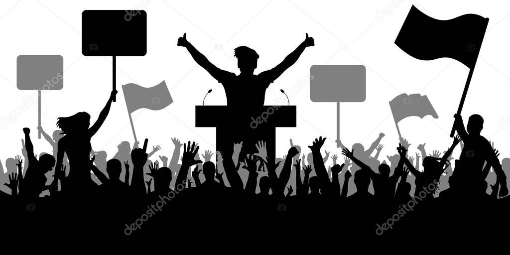  Oratory art, politics. Crowd of people demonstrating silhouette. Demonstration isolated on white background, vector
