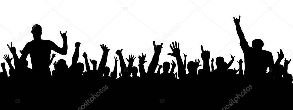Rock concert silhouette. A crowd of people at a party. Cheerful crowd silhouette. Party people, applaud.