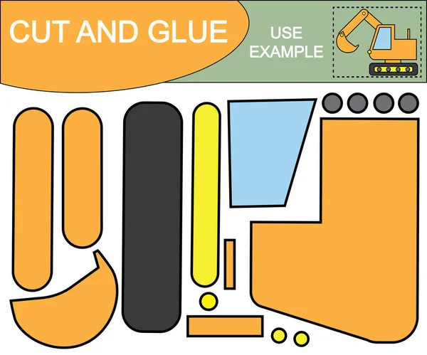 Educational paper kid's game. Use scissors and glue to create the image of excavator (transport). — Stockvector