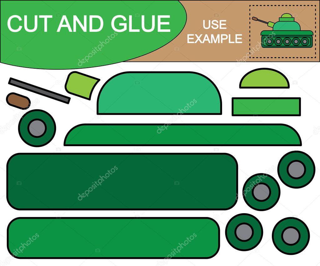 Cut and glue image of military tank. Educational game for children