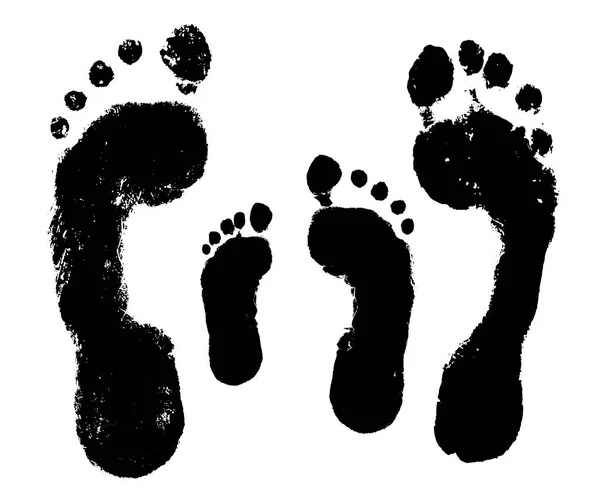 Семейный след, отпечаток ноги мужчины, женщины, ребенка. Векторный силуэт на белом фоне — стоковый вектор