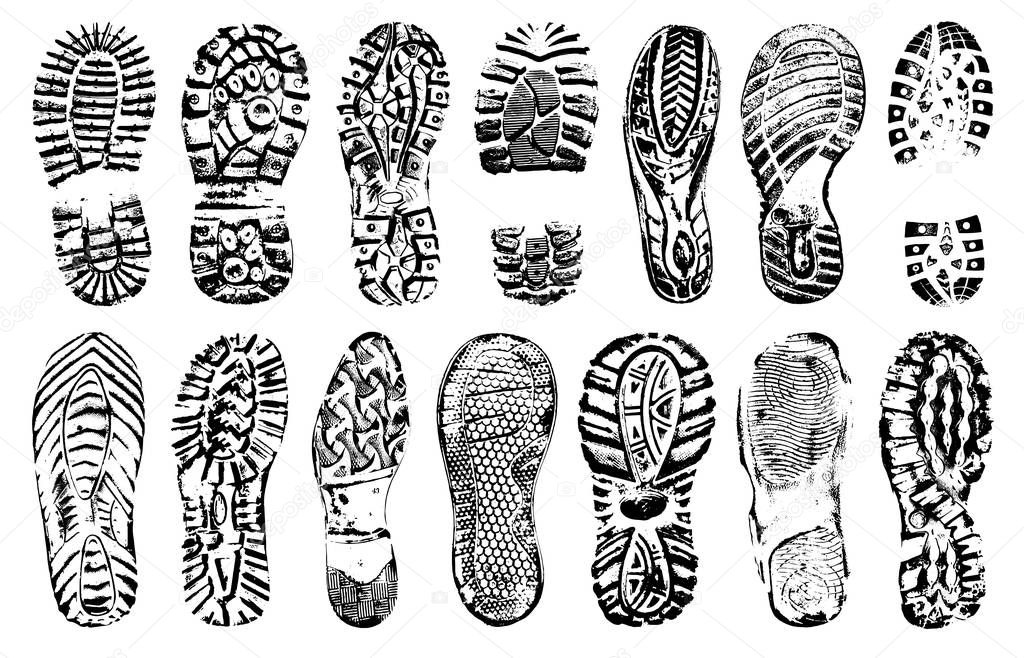 Footprints human shoes silhouette, vector set, isolated on white background