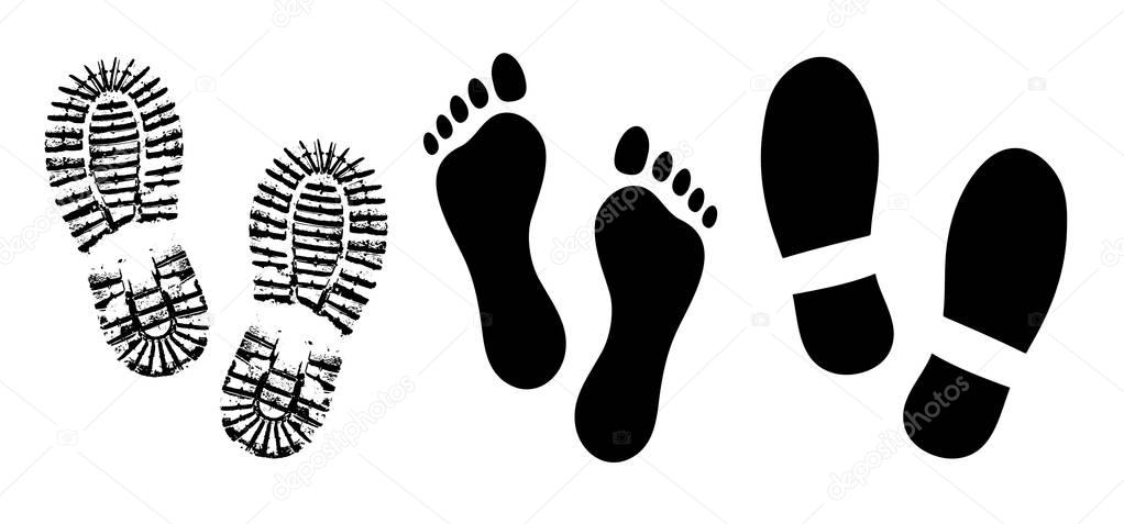 Shoe sole, footprints human shoes silhouette vector, foot barefoot feet