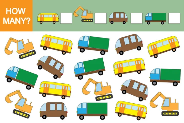 Contando juego educativo para niños. ¿Cuántos coches (transportes)? Matemáticas — Vector de stock