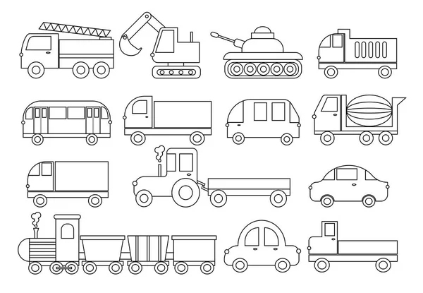 Livre à colorier. Ensemble de transport. Voiture, bus, train, camion de pompiers, bétonnière, camion à benne basculante, camion, train, tracteur, pelle et etc. Illustration vectorielle . — Image vectorielle