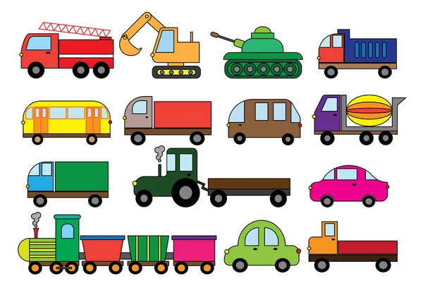 交通卡通, 集。表面运输方式。汽车、公交车、火车、消防车、混凝土搅拌机、倾卸卡车、卡车、火车、拖拉机、挖掘机等。矢量插图. — 图库矢量图片