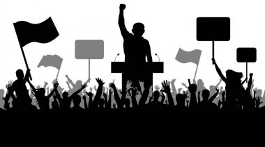 Siluet gösteren insan kalabalığı. Hitabet sanatı, tezahürü, siyaset, devrim, strike, devralma. Afiş, şeffaflık ve bayraklar grubu