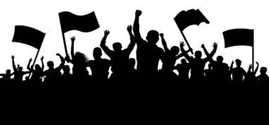 Bayraklar, pankartlar ile insan kalabalığı. Spor, mafya, fanlar. Gösteri, tezahürü, protesto, strike, devrim. Model siluet vektör arka plan