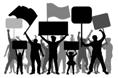 Tezahürü, gösteri, protesto, devrim, grev. Bayraklar, pankartlar ile kişilik bir kalabalık. Beyaz arka plan üzerinde izole, siluet vektör