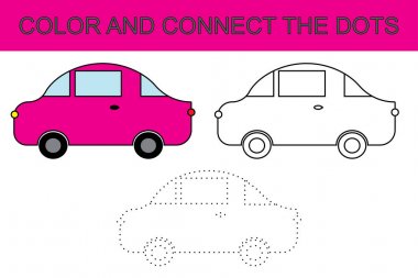 Çizgi film araba. Boyama sayfası. Noktaları Birleştir. Çocuk oyun. Vektör 