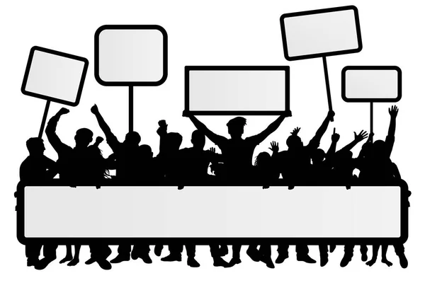 フラグ、バナーを持つ人々 の群衆。症状、デモンストレーション、抗議、ストライク、革命。白い背景のベクトル シルエット上分離 — ストックベクタ