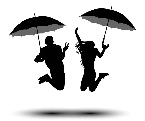Man and woman with umbrellas in jumping silhouette. People with parasol from the rain. Vector on white background — Stock Vector