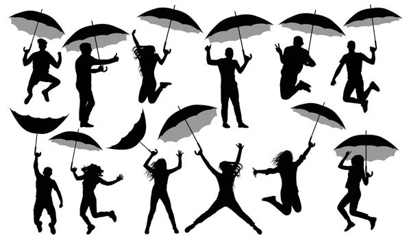 Люди с зонтиками силуэт, векторный набор. Толпа с зонтиками изолированы на белом фоне — стоковый вектор