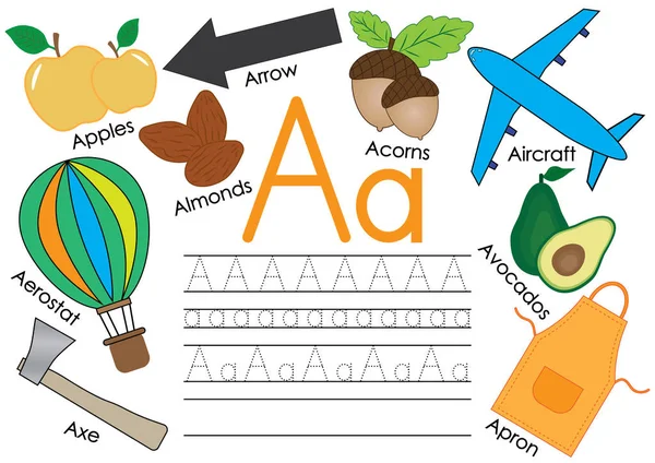 Carta A Aprender alfabeto inglês com imagens e prática de escrita para crianças. Ilustração vetorial . —  Vetores de Stock