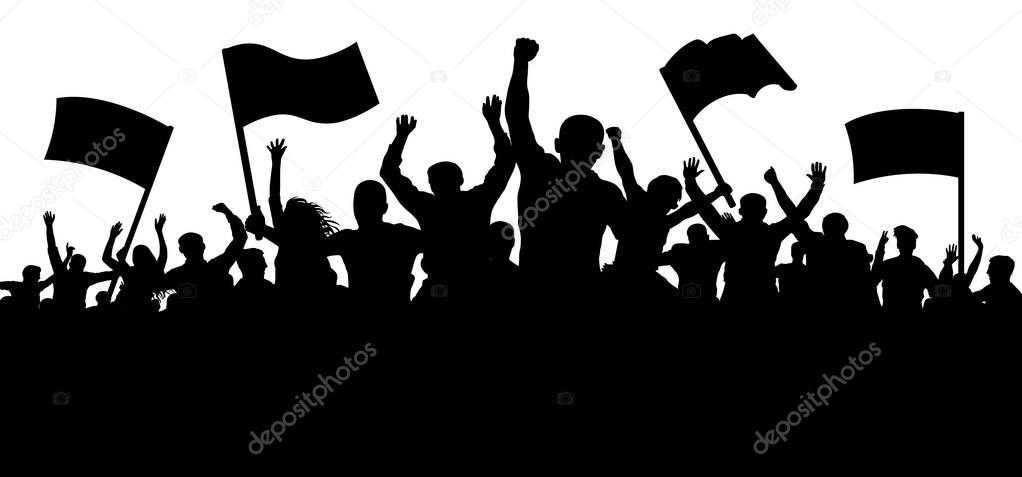 Crowd of people with flags, banners. Sports, mob, fans. Demonstration, manifestation, protest, strike, revolution. Silhouette background vector