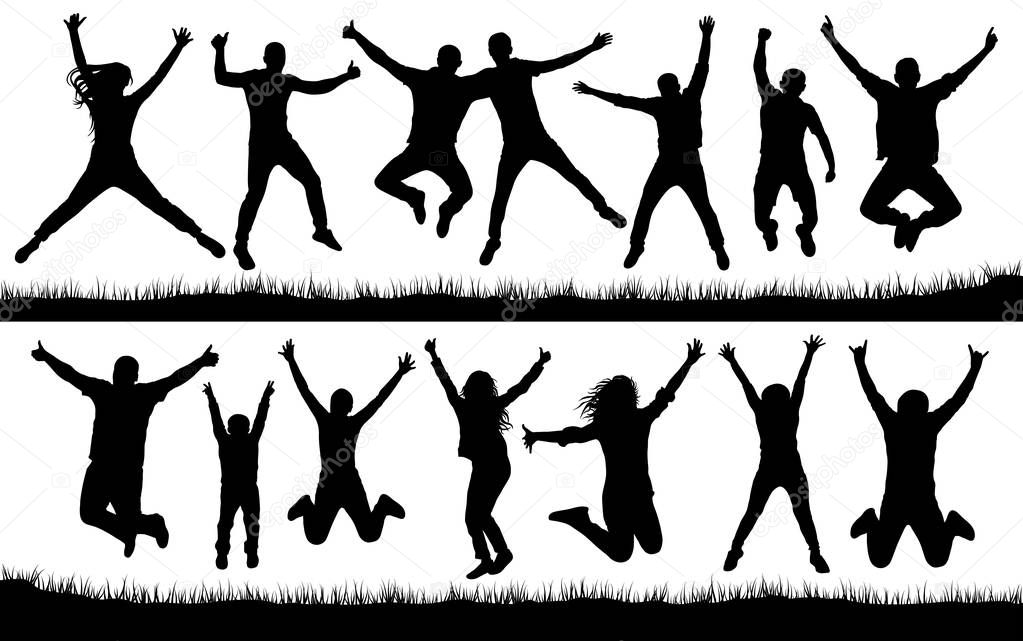 People jumping, friends man and woman set. Cheerful girl and guy silhouette collection vector. Fun Icon