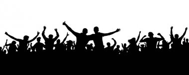Kalabalık neşeli insanlar siluet. Neşeli çete. Genç insanlar dans müzik parti, konser, disko mutlu grup arkadaşları. Sporseverler, alkış, tezahürat. Beyaz arka plan üzerinde vektör