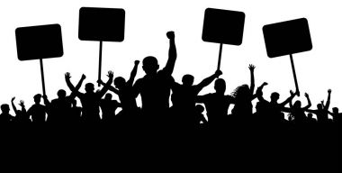 Gösteri, strike, tezahürü, protesto, devrim. Siluet vektör arka plan. Spor, mafya, fanlar. Bayraklar, pankartlar ile insan kalabalığı