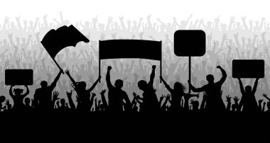 Gösteri, tezahürü, protesto, strike, devrim. Bayraklar, pankartlar ile insan kalabalığı. Spor, mafya, fanlar. Model siluet vektör arka plan