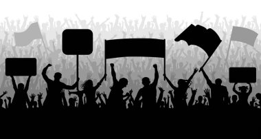 Gösteri, tezahürü, protesto, strike, devrim. Siluet vektör arka plan. Bayraklar, pankartlar ile insan kalabalığı. Spor, mafya, fanlar
