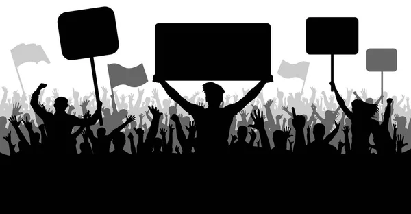 Crowd of people with flags, banners. Sports, mob, fans. Demonstration, manifestation, protest, strike, revolution. Silhouette background vector, angry mob — Stock Vector