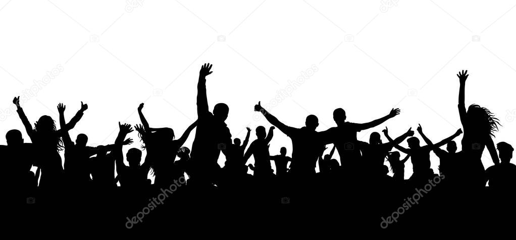 Crowd cheerful people silhouette. Happy group of young people dancing at musical party, concert, disco. Joyful mob. Sports fans, applause, cheering. Vector on white background