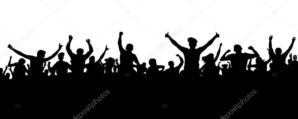 Crowd of people silhouette. Sports banner. Hands up fans. Cheerful life party
