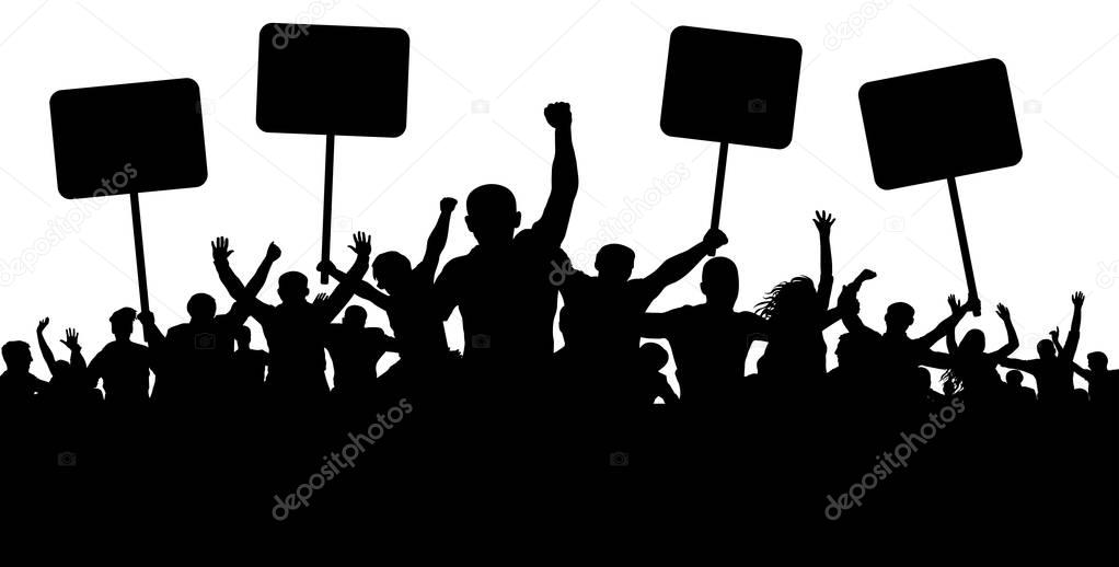 Demonstration, strike, manifestation, protest, revolution. Silhouette background vector. Sports, mob, fans. Crowd of people with flags, banners